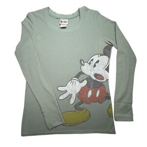 Vtg Disney Mickey Mouse Shirt Womens XL Green Thermal Knit Long Sleeve Y2K 90s